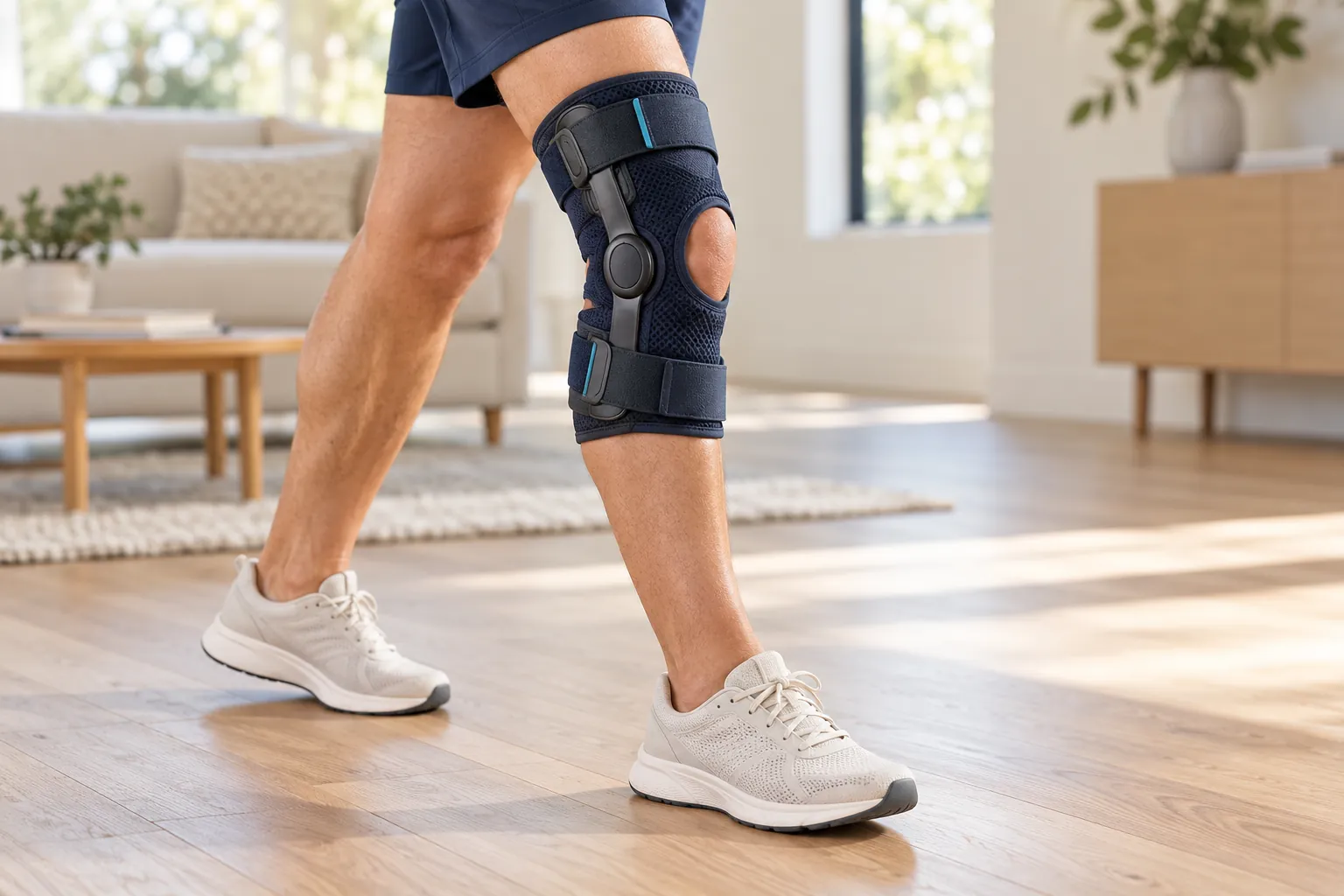 Person walking while wearing a navy knee brace